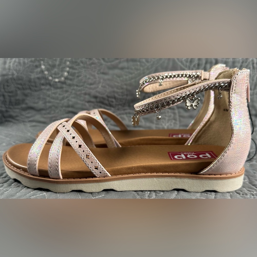 POP Girls Allium Pink Shimmer Ankle Strap Footbed Sandals NWT Size Big Girls 4